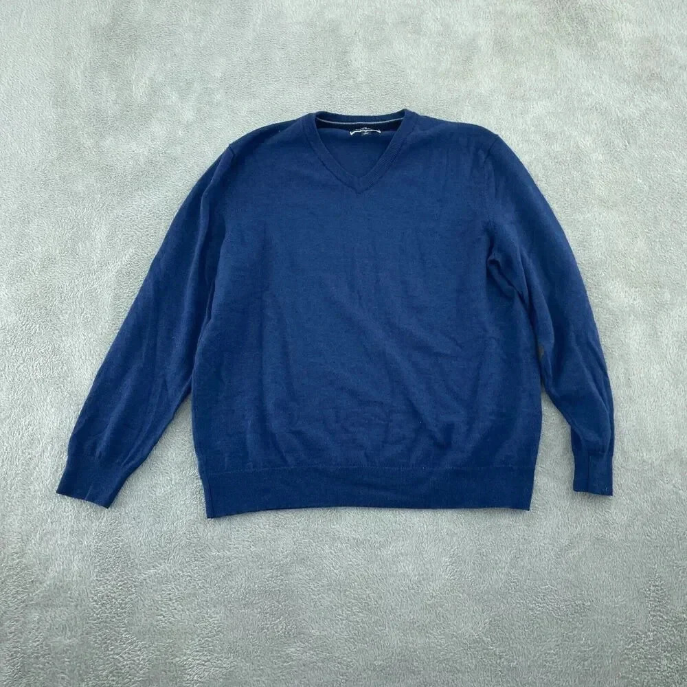 Club Room Mens V-Neck Sweater XL Merino Wool Blend Blue 2863